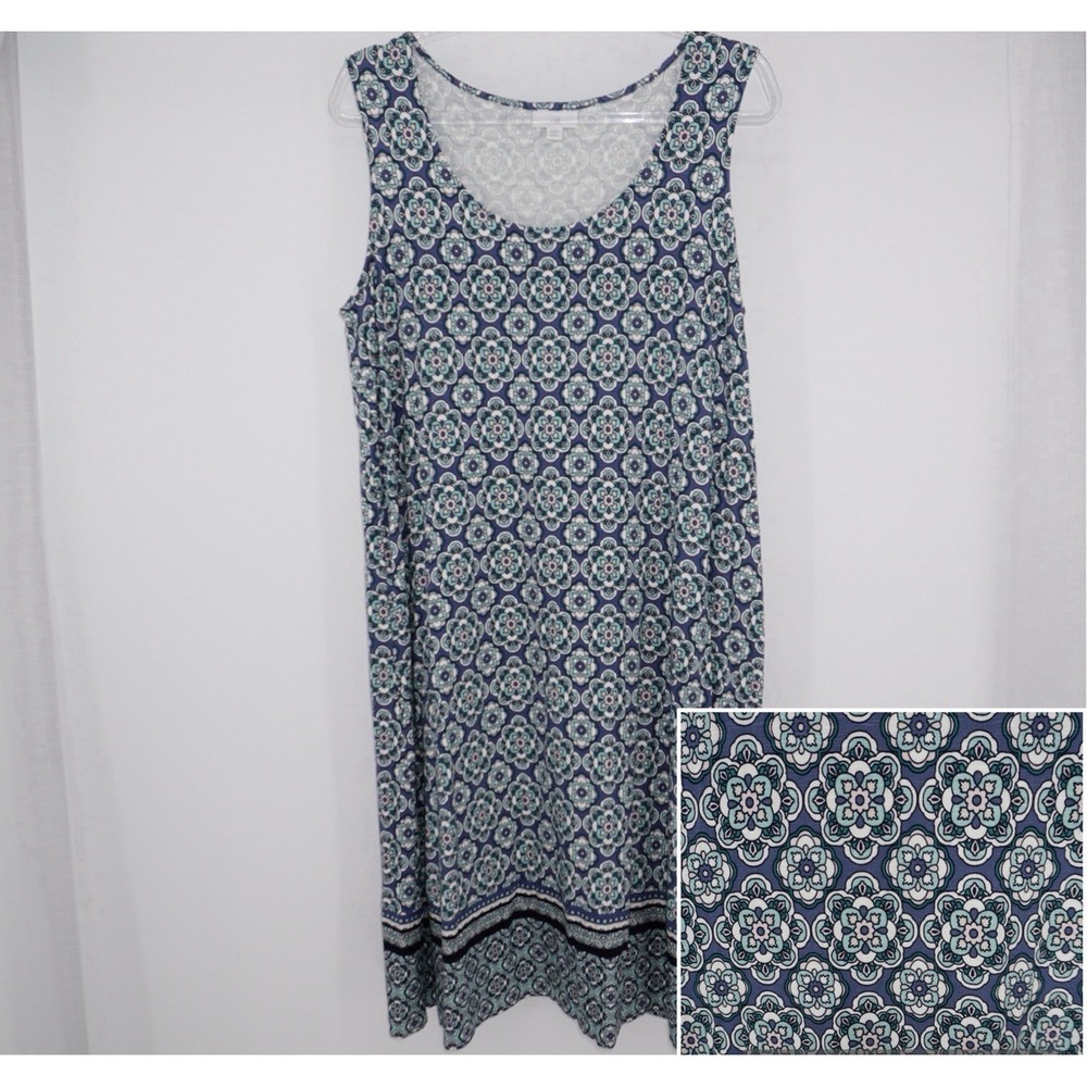 J. Jill Sleeveless Dress 1X Stretch Blue Geometric Vacation Artsy Resort EUC